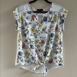 BCX Mixed Material Floral White and Yellow Tie Front Blouse